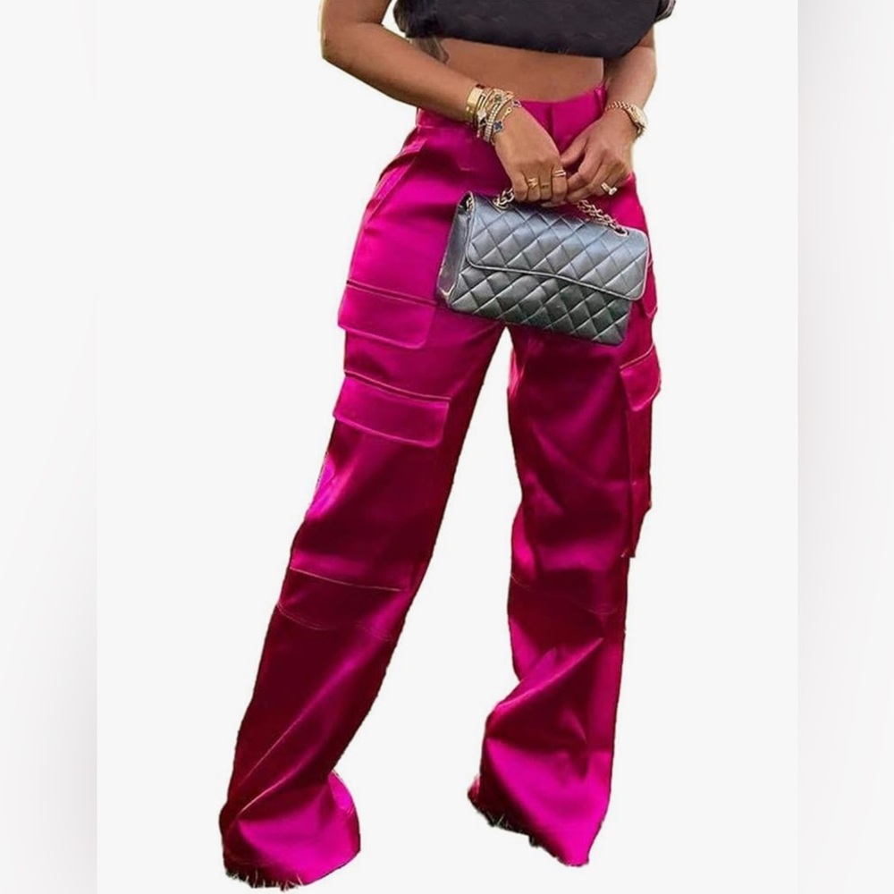 NWOT Satin Cargo Wide Leg Casual Pants Multi Pockets Straight Trousers